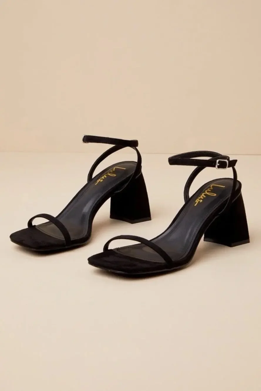 ✨2/$30✨ Lulus Sedna Black Suede Square Toe Heels Size 9 Ankle Strap Chunky Block